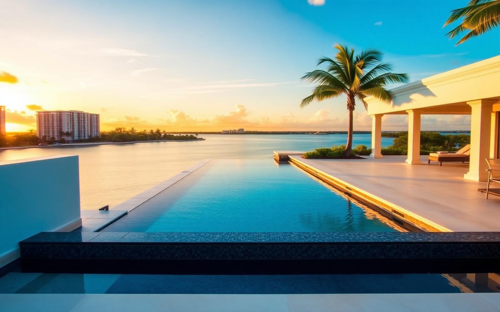 Miami backyard pool at sunset